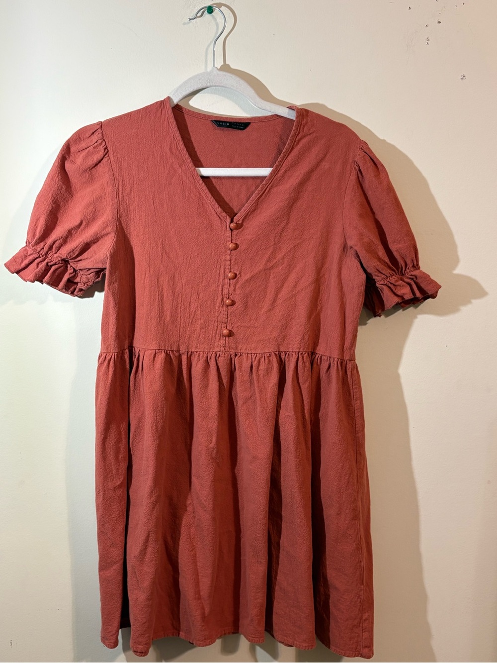SHEIN dress women’s medium Rust Red‎ Babydoll Button short sleeve ruffled cuffs